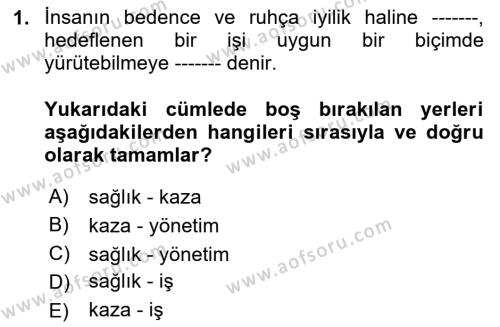 İş Sağlığı Yönetimi Dersi 2020 - 2021 Yılı Yaz Okulu Sınavı 1. Soru