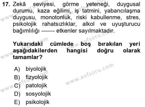 İş Sağlığı Yönetimi Dersi 2020 - 2021 Yılı Yaz Okulu Sınavı 17. Soru