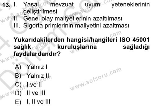 İş Sağlığı Yönetimi Dersi 2023 - 2024 Yılı (Final) Dönem Sonu Sınavı 13. Soru