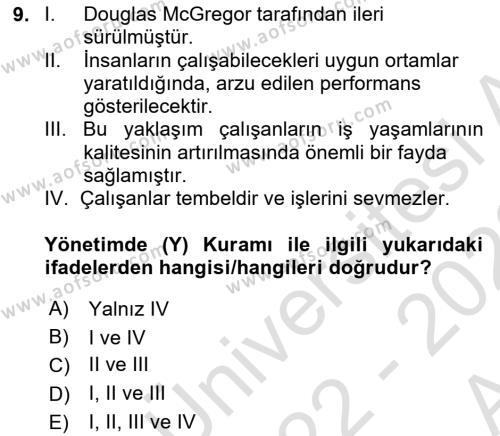 İş Yaşaminda Risk Etmenleri Ve Yönetimsel Faktörler Dersi 2022 - 2023 Yılı (Vize) Ara Sınavı 9. Soru