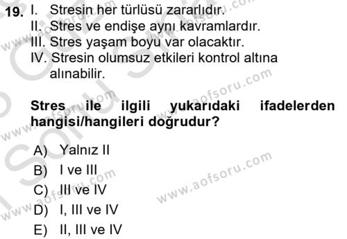 İş Yaşaminda Risk Etmenleri Ve Yönetimsel Faktörler Dersi 2022 - 2023 Yılı (Final) Dönem Sonu Sınavı 19. Soru