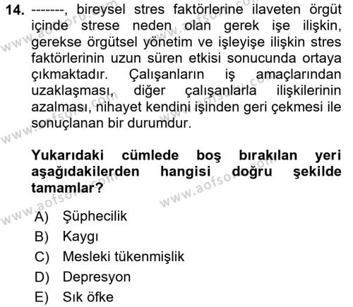 İş Yaşaminda Risk Etmenleri Ve Yönetimsel Faktörler Dersi 2023 - 2024 Yılı (Final) Dönem Sonu Sınavı 14. Soru