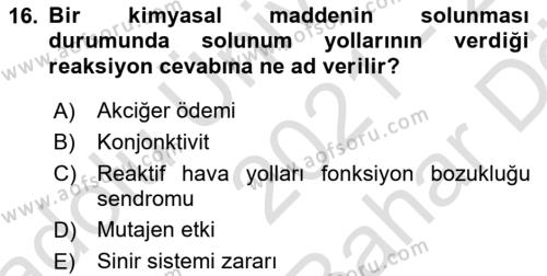 Kimya ve Biyoloji Sektörlerinde İş Sağlığı ve Güvenliği Dersi 2021 - 2022 Yılı (Vize) Ara Sınavı 16. Soru