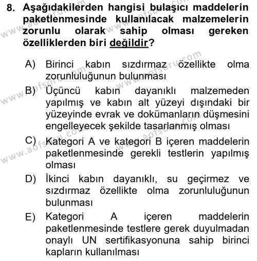 Kimya ve Biyoloji Sektörlerinde İş Sağlığı ve Güvenliği Dersi 2023 - 2024 Yılı (Vize) Ara Sınavı 8. Soru