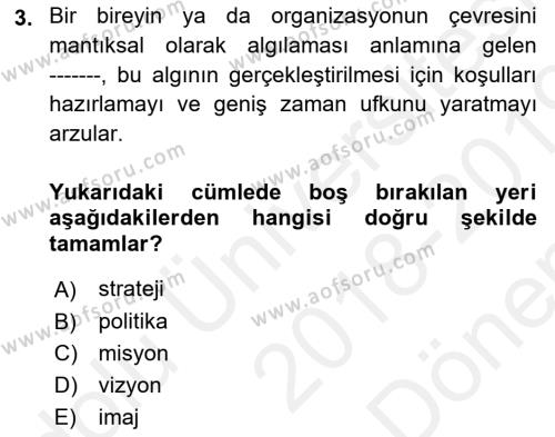 Stratejik Yönetim Dersi 2018 - 2019 Yılı (Final) Dönem Sonu Sınavı 3. Soru