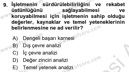 Stratejik Yönetim Dersi 2020 - 2021 Yılı Yaz Okulu Sınavı 9. Soru