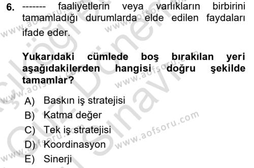 Stratejik Yönetim Dersi 2023 - 2024 Yılı (Final) Dönem Sonu Sınavı 6. Soru