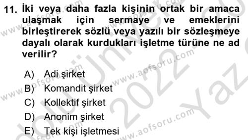 İşletme İlkeleri Dersi 2022 - 2023 Yılı Yaz Okulu Sınavı 11. Soru