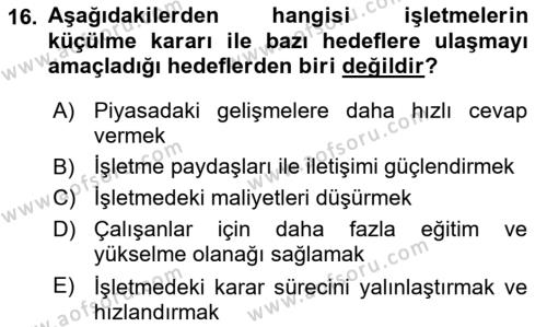 İşletme İlkeleri Dersi 2022 - 2023 Yılı Yaz Okulu Sınavı 16. Soru