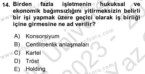 İşletme İlkeleri Dersi 2023 - 2024 Yılı Yaz Okulu Sınavı 14. Soru