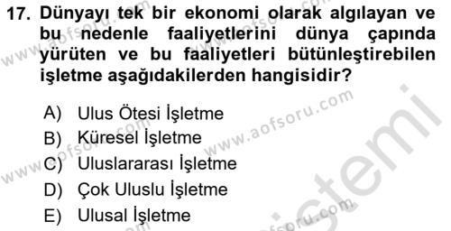 İşletme İlkeleri Dersi 2023 - 2024 Yılı Yaz Okulu Sınavı 17. Soru