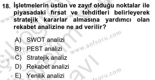 İşletme İlkeleri Dersi 2023 - 2024 Yılı Yaz Okulu Sınavı 18. Soru