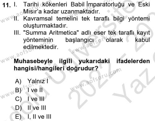 İşletme Fonksiyonları Dersi 2022 - 2023 Yılı Yaz Okulu Sınavı 11. Soru