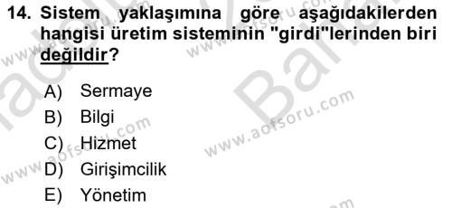 İşletme Fonksiyonları Dersi 2023 - 2024 Yılı (Vize) Ara Sınavı 14. Soru