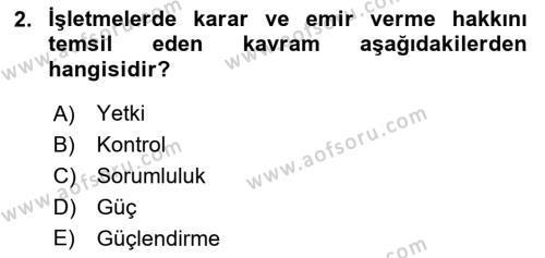 İşletme Fonksiyonları Dersi 2023 - 2024 Yılı (Vize) Ara Sınavı 2. Soru