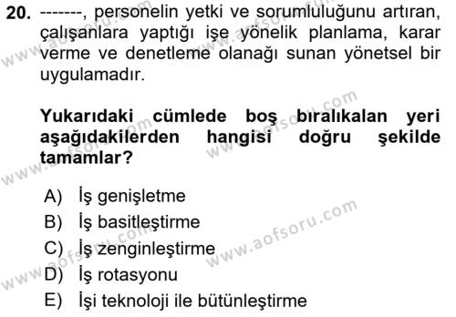 İşletme Fonksiyonları Dersi 2023 - 2024 Yılı (Vize) Ara Sınavı 20. Soru