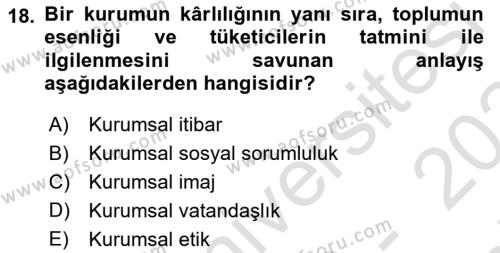 İşletme Fonksiyonları Dersi 2023 - 2024 Yılı (Final) Dönem Sonu Sınavı 18. Soru