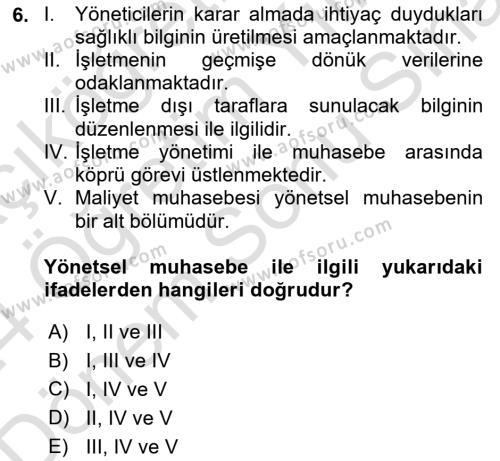 İşletme Fonksiyonları Dersi 2023 - 2024 Yılı (Final) Dönem Sonu Sınavı 6. Soru