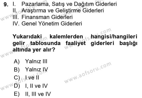 İşletme Fonksiyonları Dersi 2023 - 2024 Yılı (Final) Dönem Sonu Sınavı 9. Soru