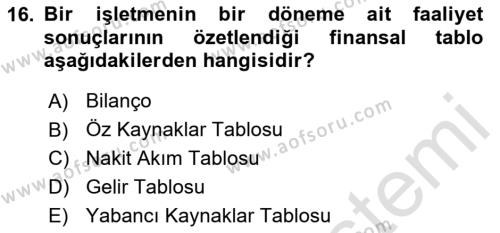 Genel İşletme Dersi 2023 - 2024 Yılı Yaz Okulu Sınavı 16. Soru