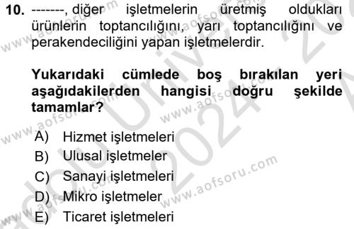 Genel İşletme Dersi 2024 - 2025 Yılı (Vize) Ara Sınavı 10. Soru