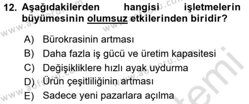 Genel İşletme Dersi 2024 - 2025 Yılı (Vize) Ara Sınavı 12. Soru