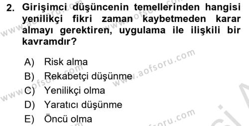 Girişimcilik Dersi 2021 - 2022 Yılı (Vize) Ara Sınavı 2. Soru