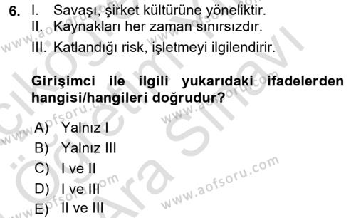 Girişimcilik Dersi 2023 - 2024 Yılı (Vize) Ara Sınavı 6. Soru