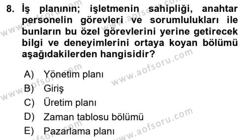 Girişimcilik Dersi 2023 - 2024 Yılı (Final) Dönem Sonu Sınavı 8. Soru