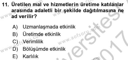 Ekonomik Analiz Dersi 2016 - 2017 Yılı (Vize) Ara Sınavı 11. Soru