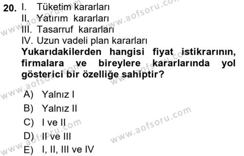 Ekonomik Analiz Dersi 2017 - 2018 Yılı (Vize) Ara Sınavı 20. Soru