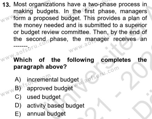 Business Management Dersi 2021 - 2022 Yılı (Vize) Ara Sınavı 13. Soru