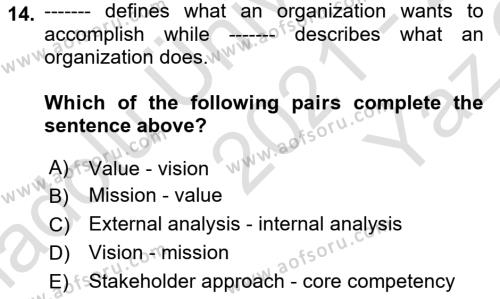 Business Management Dersi 2021 - 2022 Yılı Yaz Okulu Sınavı 14. Soru