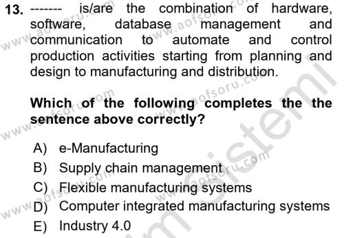 Business Information Systems Dersi 2021 - 2022 Yılı (Final) Dönem Sonu Sınavı 13. Soru