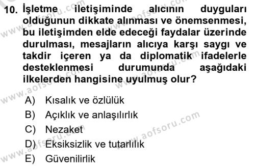 İşletme İletişimi Dersi 2021 - 2022 Yılı Yaz Okulu Sınavı 10. Soru