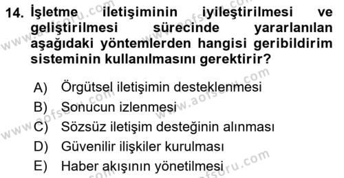 İşletme İletişimi Dersi 2021 - 2022 Yılı Yaz Okulu Sınavı 14. Soru