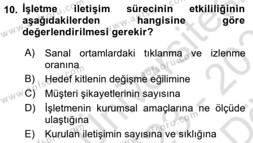 İşletme İletişimi Dersi 2023 - 2024 Yılı (Vize) Ara Sınavı 10. Soru