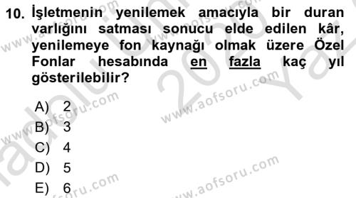 Finansal Muhasebe Dersi 2020 - 2021 Yılı Yaz Okulu Sınavı 10. Soru