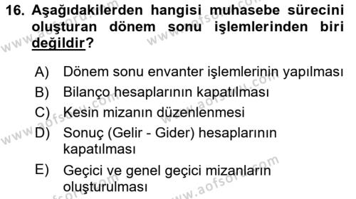 Finansal Muhasebe Dersi 2020 - 2021 Yılı Yaz Okulu Sınavı 16. Soru