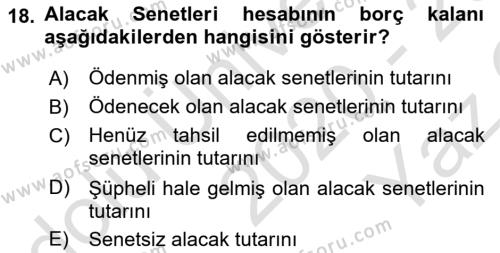 Finansal Muhasebe Dersi 2020 - 2021 Yılı Yaz Okulu Sınavı 18. Soru