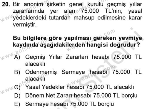 Finansal Muhasebe Dersi 2020 - 2021 Yılı Yaz Okulu Sınavı 20. Soru