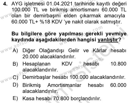 Finansal Muhasebe Dersi 2020 - 2021 Yılı Yaz Okulu Sınavı 4. Soru