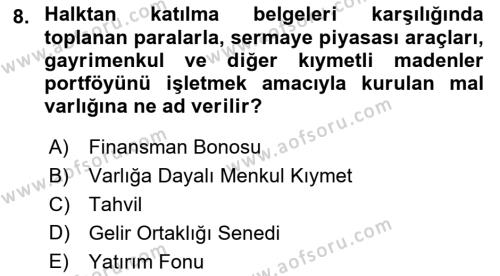 Finansal Muhasebe Dersi 2020 - 2021 Yılı Yaz Okulu Sınavı 8. Soru