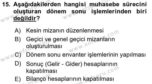 Finansal Muhasebe Dersi 2021 - 2022 Yılı (Vize) Ara Sınavı 15. Soru