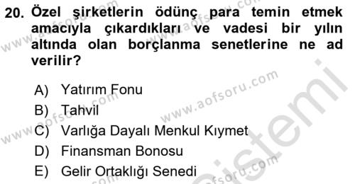 Finansal Muhasebe Dersi 2021 - 2022 Yılı (Vize) Ara Sınavı 20. Soru