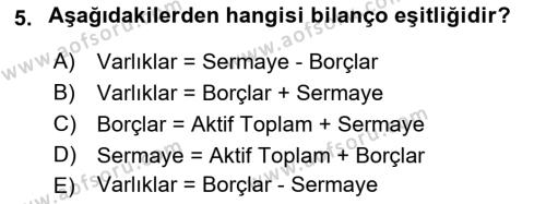 Finansal Muhasebe Dersi 2021 - 2022 Yılı (Vize) Ara Sınavı 5. Soru