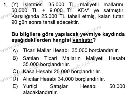 Finansal Muhasebe Dersi 2021 - 2022 Yılı (Final) Dönem Sonu Sınavı 1. Soru