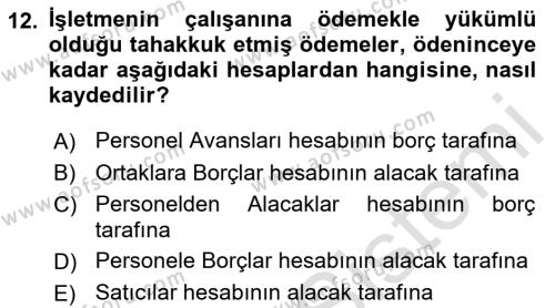 Finansal Muhasebe Dersi 2021 - 2022 Yılı (Final) Dönem Sonu Sınavı 12. Soru