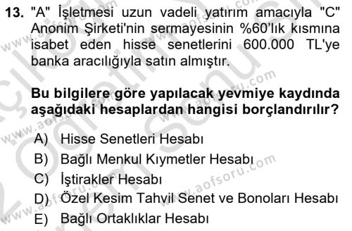 Finansal Muhasebe Dersi 2021 - 2022 Yılı (Final) Dönem Sonu Sınavı 13. Soru