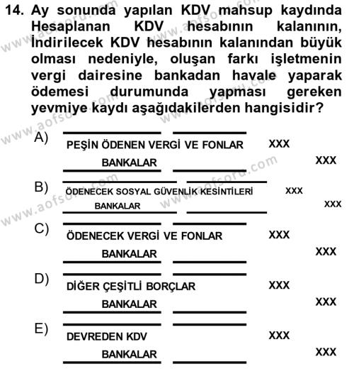 Finansal Muhasebe Dersi 2021 - 2022 Yılı (Final) Dönem Sonu Sınavı 14. Soru